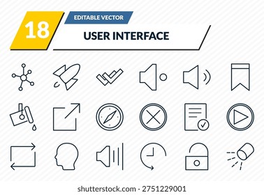 user interface icons set - connectivity, rocket launch, double checking, unblocked, lightining outline vector collection.