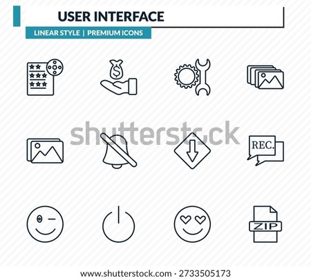 user interface icons set - film list, earn money, work tools, recording conversation, zip file outline vector collection.