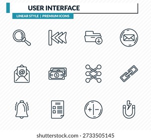 Conjunto de iconos de interfaz de usuario: material de vidrio, pista hacia atrás, Archivar de Descarga, Botón de Enlace, colección de Vector de contorno de imán.