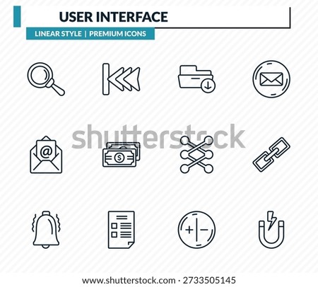 user interface icons set - glass material, backward track, download archive, link button, magnet outline vector collection.