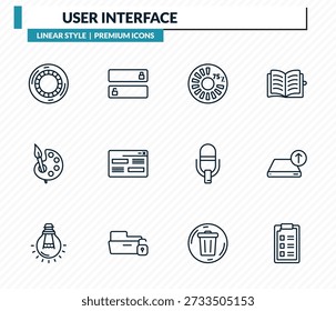 Conjunto de iconos de interfaz de usuario - Hue Circle, deslice para desbloquear, avance de carga redonda, carga desde la unidad, colección de Vector de contorno de formulario.