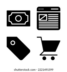 User Interface icons set = money, website, label, shopping cart. Perfect for website mobile app, app icons, presentation, illustration and any other projects