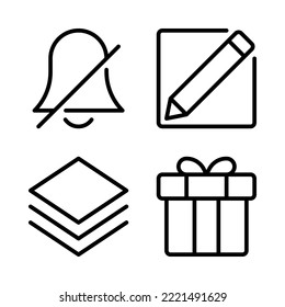 User Interface icons set = silent bell, pencil, layers, gift box. Perfect for website mobile app, app icons, presentation, illustration and any other projects