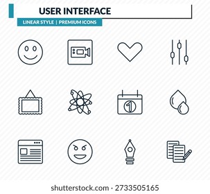 conjunto de ícones da interface do usuário - sorriso, facetime, lareira, gotas grandes e pequenas, coleção do vetor do esboço do trabalho do papel.