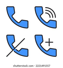 User Interface icons set = telephone, phone ringing, phone rejected, add phone. Perfect for website mobile app, app icons, presentation, illustration and any other projects