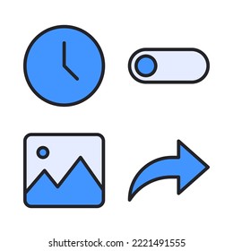 User Interface icons set = time, toggle button, images, share. Perfect for website mobile app, app icons, presentation, illustration and any other projects