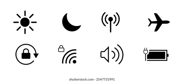 Ilustración vectorial de iconos de interfaz de usuario, iconos de Botones de pantalla establecidos para el Sitio web, App móvil, ui. Contiene Wifi, modo día, modo noche, bloqueo, modo vuelo, modo avión, batería, iconos de volumen.