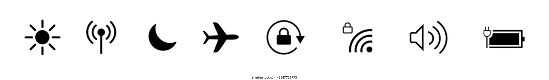 User interface Icons vector illustration, Screen buttons icons set for website, mobile app, ui. Contain Wifi, day mode, night mode, lock, flight mode, Aeroplane mode, Battery, volume icons.