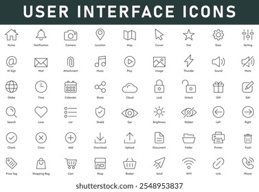 User Interface Icons vector illustration with thin line editable stroke contains home notification camera location phone WIFI shop download add eye love search cloud edit lock share