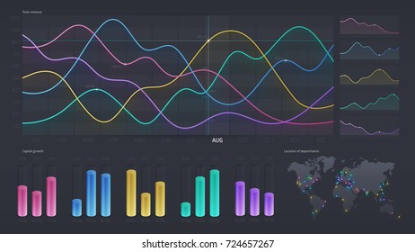 User interface with infographic dashboard. Annual report visualization graphs, chart, workflow. Vector illustration