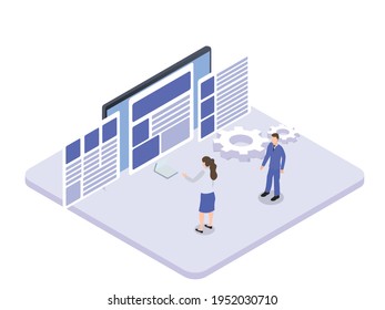 User Interface isometric vector concept. Programmer standing in front of monitor, build website, user interface, website development, 3d isometric, landing page