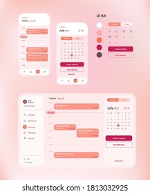 User Interface Kit With Key Screens Of Calendar Application With Web And Mobile Mockups And Icons And Interface Elements, Light Pink Color Palette, Style Guide