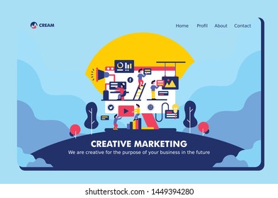 User interface Landing Page Creative Marketing doing Social Media sharing announcement like share comment starred send email content flat design style blue color