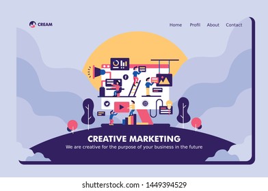 User interface Landing Page Creative Marketing doing Social Media sharing announcement like share comment starred send email content flat design style purple color
