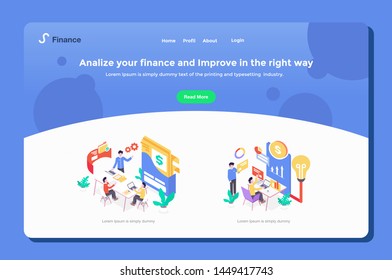 User interface Landing Page Employee doing Financial Arrangement and idea strategy file setting presentation discussion isometric flat design style