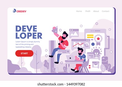 User interface Landing Page Mobile Developer build an apps doing creative things work together with coding flat design style purple color