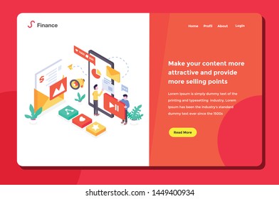 User interface Landing Page Workers doing Social Media Marketing sharing announcement like share comment starred send email content isometric flat design style