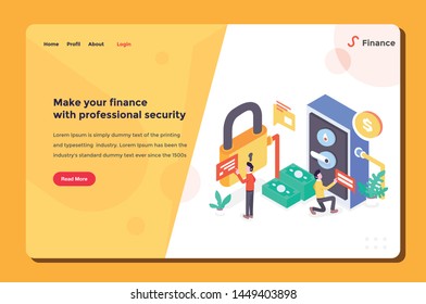 User Interface Landing Page workers doing Financial Security password deposit box money setting isometric flat design style