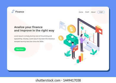 User interface Landing Page Workers doing Financial Analysis with diagram cash flow money dollar profit and loss isometric flat design style