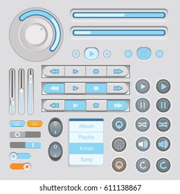 User interface light gray and blue buttons and sliders, music player on/off switchers set.