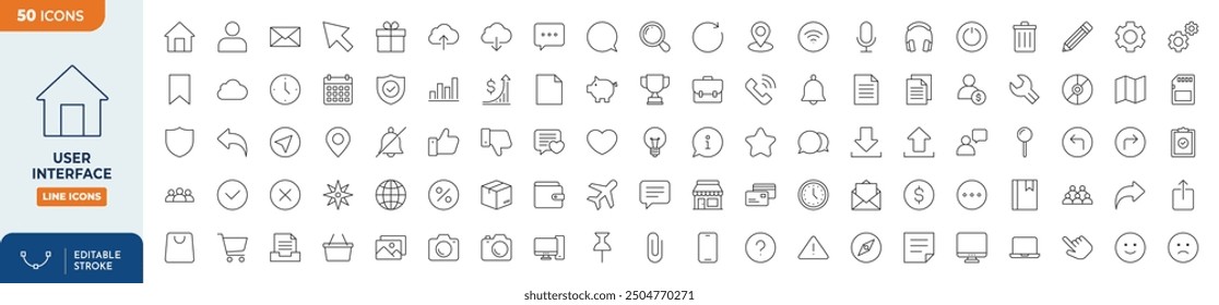 User interface Line Editable Icons set. Vector illustration in thin line style of Media and Web icons: message, bubble, user, sharing, commands and buttons symbols, and more