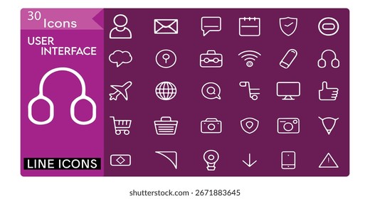 Interface do usuário Linha Editável Ícones definidos. Ilustração vetorial no estilo de linha fina de ícones de Mídia e da Web: mensagem, bolhas, usuário, compartilhamento, símbolos de comandos e botões e muito mais. Ilustração vetorial.