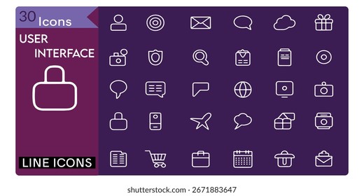 Interface do usuário Linha Editável Ícones definidos. Ilustração vetorial no estilo de linha fina de ícones de Mídia e da Web: mensagem, bolhas, usuário, compartilhamento, símbolos de comandos e botões e muito mais. Ilustração vetorial.