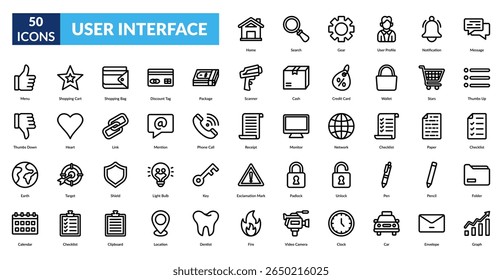 conjunto de ícones da linha da interface do usuário. Início, Pesquisar, Engrenagem, Perfil do usuário, Notificação, Mensagem, Menu