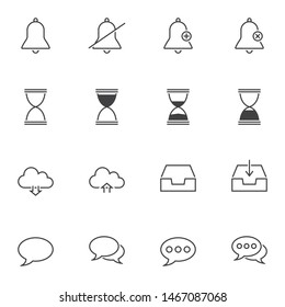 User interface line icons set. linear style symbols collection, outline signs pack. vector graphics. Set includes icons as sound notification bell, hourglass clock, download and upload, speech bubbles
