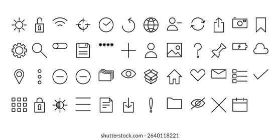 User Interface Line Icons for Web and Mobile Applications with Basic Functionality