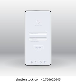 User interface for mobile application in neomorphism style. Fields for entering username and password. Login and registration button. Template for a mobile app. White background