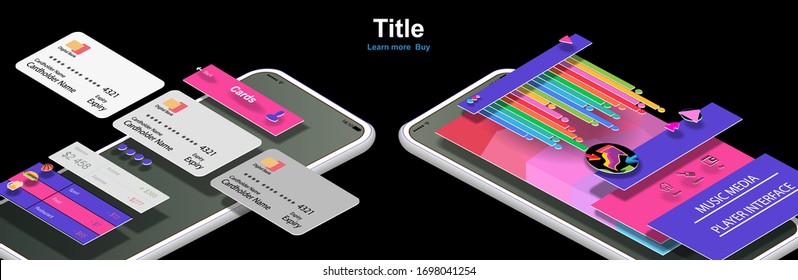 User interface of the mobile banking app on the screen of two mobile phones in isometry. Vector banner