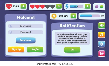 User interface for mobile game, app. UI Kit of icons, progress bars, buttons, pop-ups. Menus, indicators and rewards in a video game. Flat cartoon, casual vector collection.