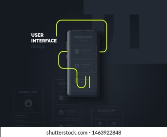 User interface. Mobile phone with page layout for mobile application. Development of an interface for a mobile application. UI UX template. Vector illustration. 3d