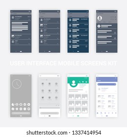 User Interface Mobile Screens Kit.  Vector collection of modern mobile phones with user interface elements. Modern user interface UX, UI screen template for mobile smart phone. 