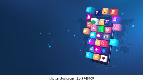 User Interface and more Applications on Mobile Phone. 3D smartphone with app icons and world map. Development of applications, social networks and software. UI, UX, KIT App. 3D mobile phone with icons