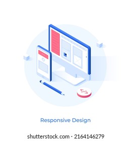 User interface on computer and smartphone screen. Concept of digital product responsive or adaptive cross-platform design, UI or UX. Modern colorful isometric vector illustration for banner, poster.