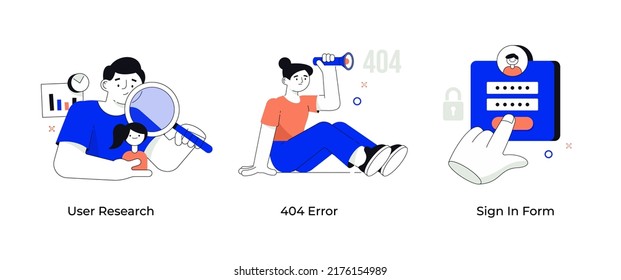 Interfaz de usuario en el negocio online. Conjunto de conceptos. Investigación de usuarios. 404 página de error. Formulario de inicio de sesión. Escenas visuales para narración
