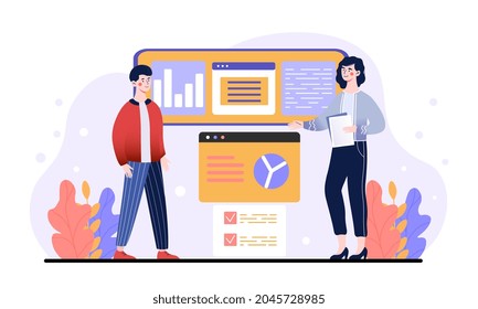 User interface optimization. Employees developing concept of page design. Website tab for computer. Finance and mobile webdesign. Cartoon flat vector illustration isolated on white background