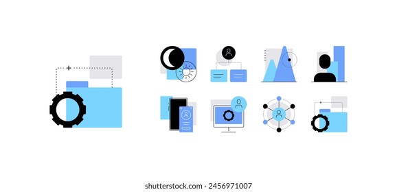 Opciones de interfaz de usuario, estadísticas de usuario y desarrollo de proyectos de alta tecnología. Conjunto de iconos planos. Elementos infográficos para App, Diseños web, presentaciones y otros. archivo de Vector.