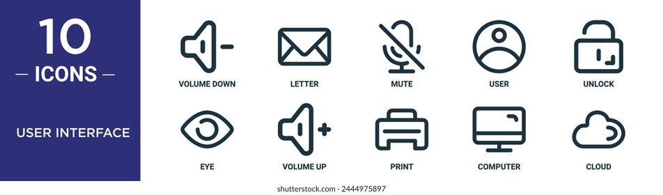 user interface outline icon set includes thin line volume down, letter, mute, user, unlock, eye, volume up icons for report, presentation, diagram, web design