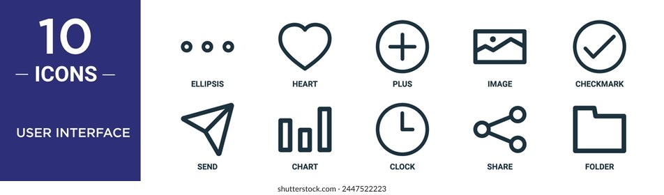 user interface outline icon set includes thin line ellipsis, heart, plus, image, checkmark, send, chart icons for report, presentation, diagram, web design