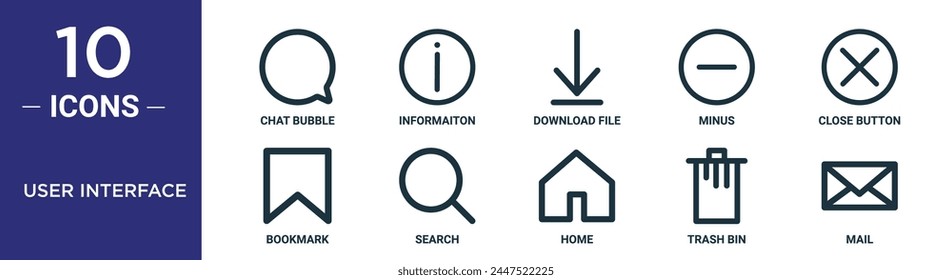 el conjunto de iconos de esquema de la interfaz de usuario incluye burbuja de chat de línea fina, información, archivo de Descarga, menos, Botón de cierre, marcador, iconos de búsqueda para informe, presentación, diagrama, Diseño web