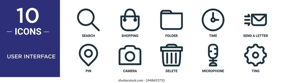 user interface outline icon set includes thin line search, shopping, folder, time, send a letter, pin, camera icons for report, presentation, diagram, web design