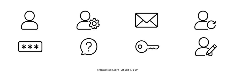 User interface outline icon set - communication, security symbols in line style
