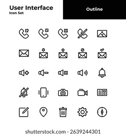 User interface outline icon set, smartphone UI black line icon set.