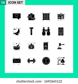 User Interface Pack of 16 Basic Solid Glyphs of moon; night; layout; celebration; conference Editable Vector Design Elements