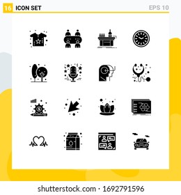 User Interface Pack of 16 Basic Solid Glyphs of agriculture; time; chemistry; iftar; clock Editable Vector Design Elements