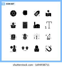 User Interface Pack of 16 Basic Solid Glyphs of calculate; geometric; web; cube; map Editable Vector Design Elements
