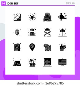 User Interface Pack of 16 Basic Solid Glyphs of decoration; singer; business; music; online market Editable Vector Design Elements